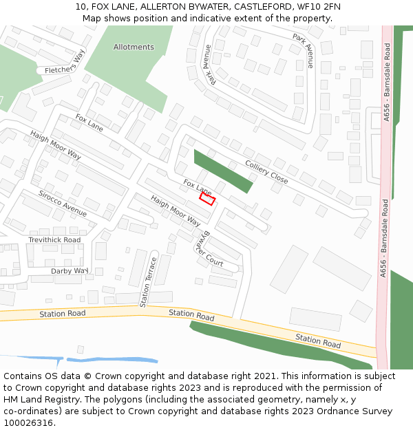 10, FOX LANE, ALLERTON BYWATER, CASTLEFORD, WF10 2FN: Location map and indicative extent of plot