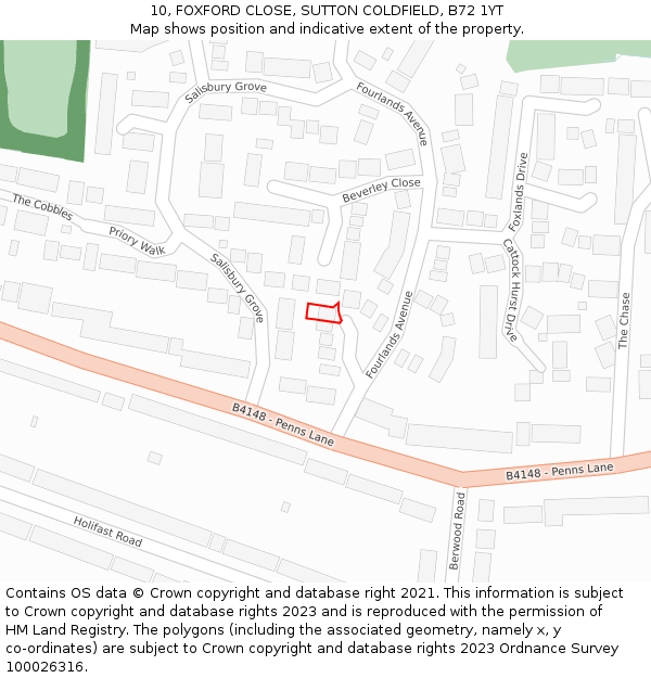 10, FOXFORD CLOSE, SUTTON COLDFIELD, B72 1YT: Location map and indicative extent of plot