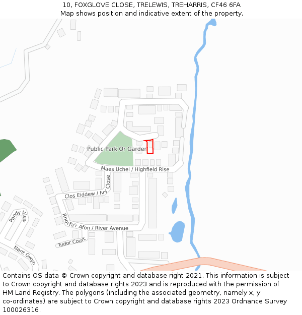 10, FOXGLOVE CLOSE, TRELEWIS, TREHARRIS, CF46 6FA: Location map and indicative extent of plot