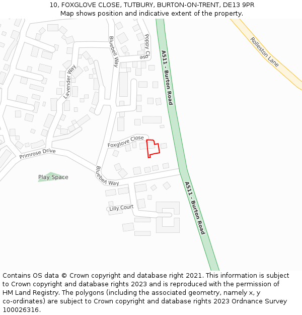 10, FOXGLOVE CLOSE, TUTBURY, BURTON-ON-TRENT, DE13 9PR: Location map and indicative extent of plot