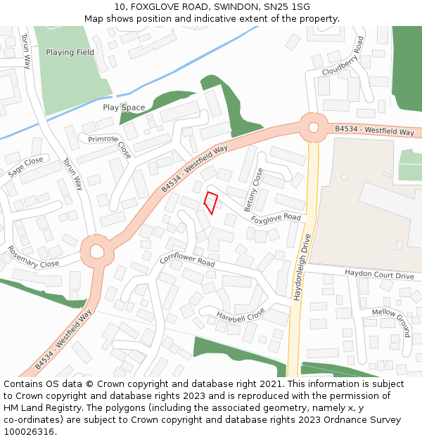 10, FOXGLOVE ROAD, SWINDON, SN25 1SG: Location map and indicative extent of plot