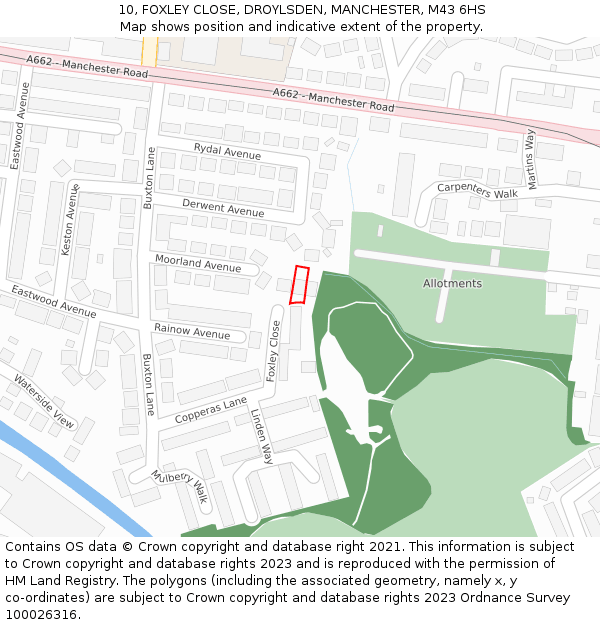 10, FOXLEY CLOSE, DROYLSDEN, MANCHESTER, M43 6HS: Location map and indicative extent of plot