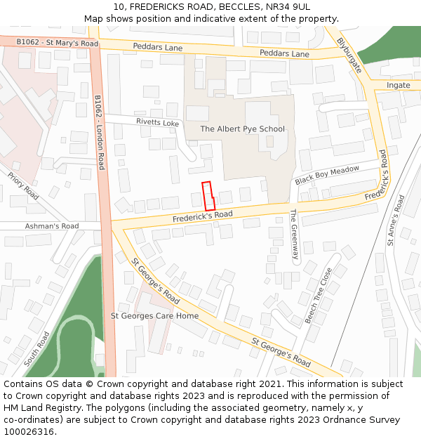 10, FREDERICKS ROAD, BECCLES, NR34 9UL: Location map and indicative extent of plot