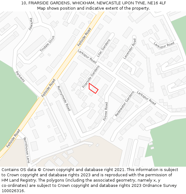 10, FRIARSIDE GARDENS, WHICKHAM, NEWCASTLE UPON TYNE, NE16 4LF: Location map and indicative extent of plot