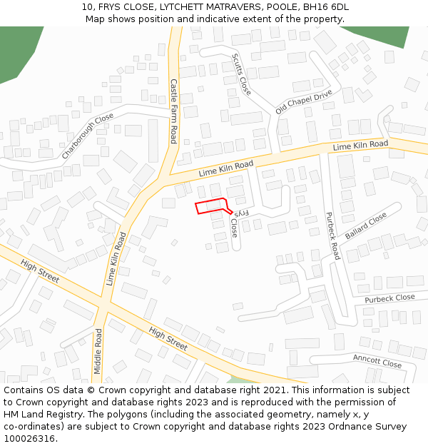 10, FRYS CLOSE, LYTCHETT MATRAVERS, POOLE, BH16 6DL: Location map and indicative extent of plot