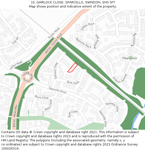 10, GAIRLOCK CLOSE, SPARCELLS, SWINDON, SN5 5FT: Location map and indicative extent of plot