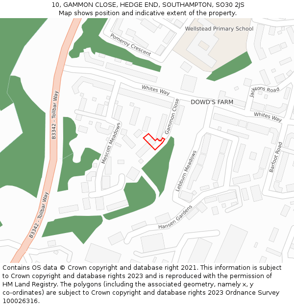 10, GAMMON CLOSE, HEDGE END, SOUTHAMPTON, SO30 2JS: Location map and indicative extent of plot