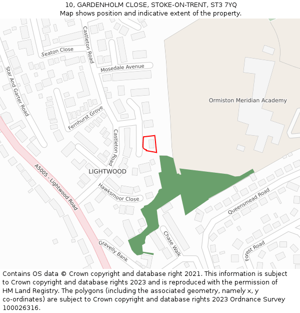 10, GARDENHOLM CLOSE, STOKE-ON-TRENT, ST3 7YQ: Location map and indicative extent of plot