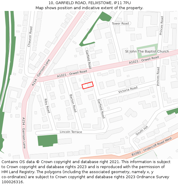 10, GARFIELD ROAD, FELIXSTOWE, IP11 7PU: Location map and indicative extent of plot