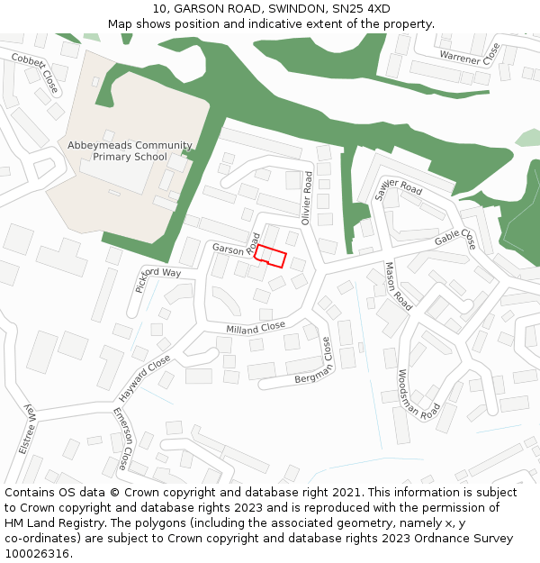 10, GARSON ROAD, SWINDON, SN25 4XD: Location map and indicative extent of plot