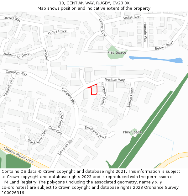 10, GENTIAN WAY, RUGBY, CV23 0XJ: Location map and indicative extent of plot