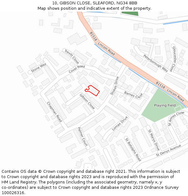 10, GIBSON CLOSE, SLEAFORD, NG34 8BB: Location map and indicative extent of plot