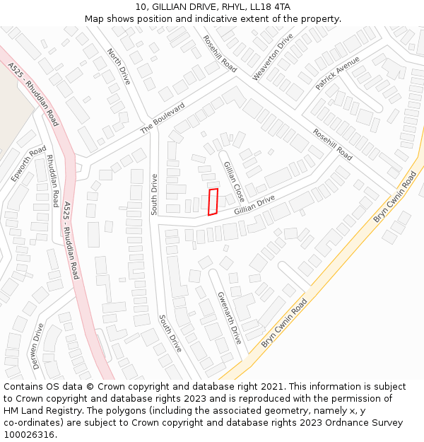 10, GILLIAN DRIVE, RHYL, LL18 4TA: Location map and indicative extent of plot