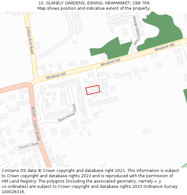 10, GLANELY GARDENS, EXNING, NEWMARKET, CB8 7PA: Location map and indicative extent of plot