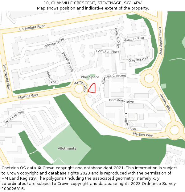 10, GLANVILLE CRESCENT, STEVENAGE, SG1 4FW: Location map and indicative extent of plot