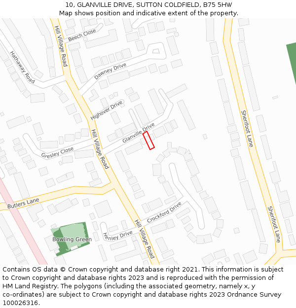 10, GLANVILLE DRIVE, SUTTON COLDFIELD, B75 5HW: Location map and indicative extent of plot