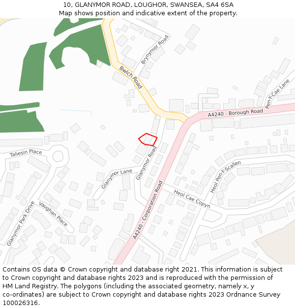 10, GLANYMOR ROAD, LOUGHOR, SWANSEA, SA4 6SA: Location map and indicative extent of plot