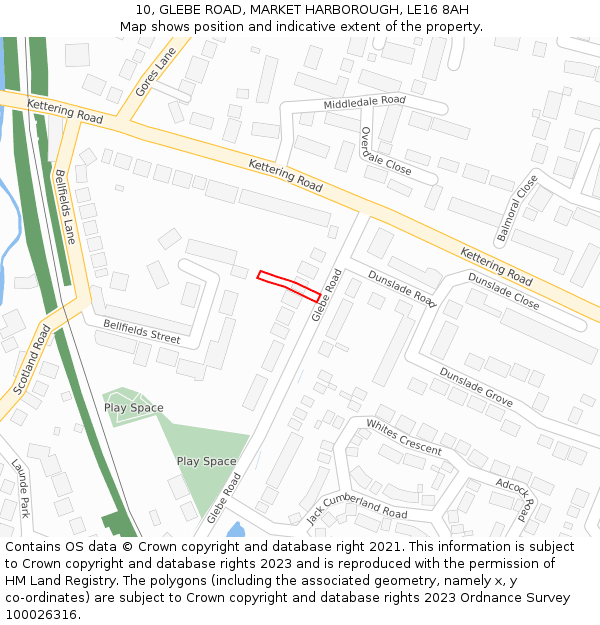 10, GLEBE ROAD, MARKET HARBOROUGH, LE16 8AH: Location map and indicative extent of plot
