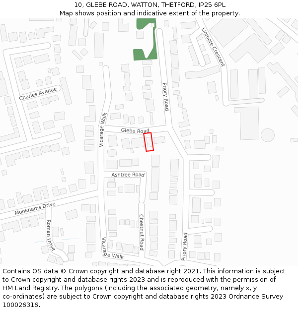 10, GLEBE ROAD, WATTON, THETFORD, IP25 6PL: Location map and indicative extent of plot