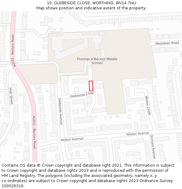 10, GLEBESIDE CLOSE, WORTHING, BN14 7NU: Location map and indicative extent of plot