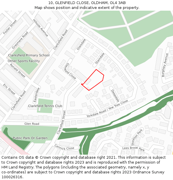 10, GLENFIELD CLOSE, OLDHAM, OL4 3AB: Location map and indicative extent of plot