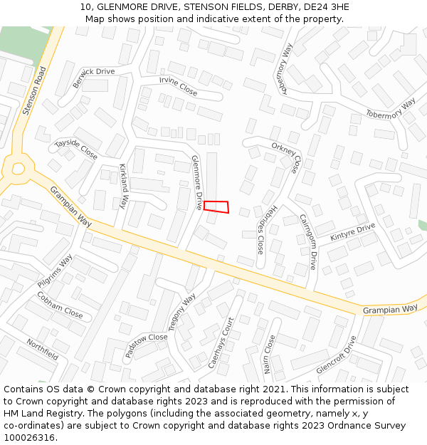 10, GLENMORE DRIVE, STENSON FIELDS, DERBY, DE24 3HE: Location map and indicative extent of plot