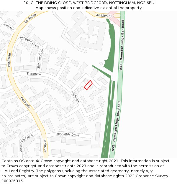 10, GLENRIDDING CLOSE, WEST BRIDGFORD, NOTTINGHAM, NG2 6RU: Location map and indicative extent of plot