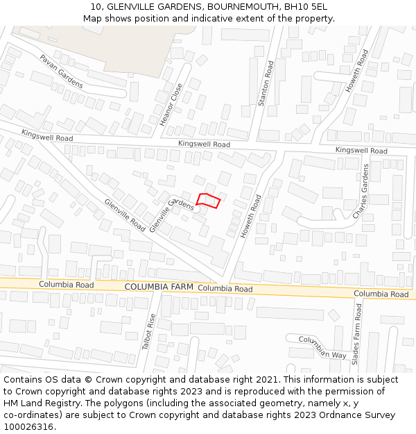 10, GLENVILLE GARDENS, BOURNEMOUTH, BH10 5EL: Location map and indicative extent of plot