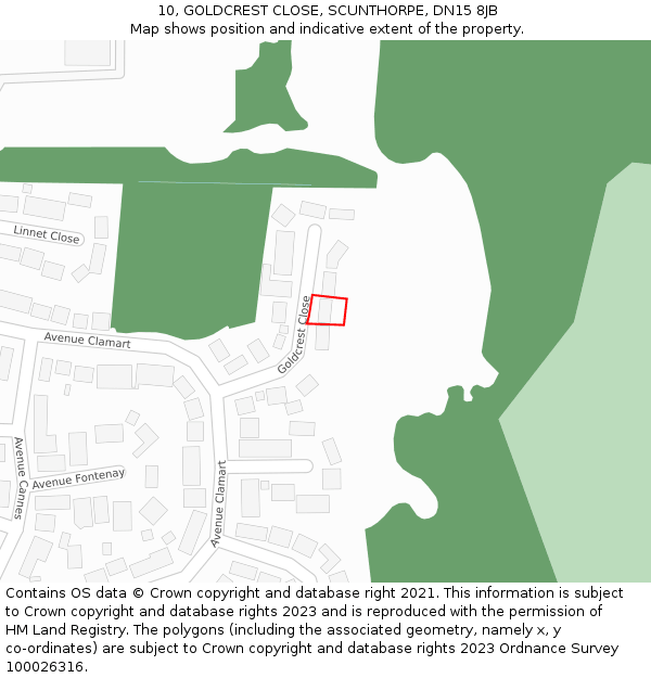 10, GOLDCREST CLOSE, SCUNTHORPE, DN15 8JB: Location map and indicative extent of plot
