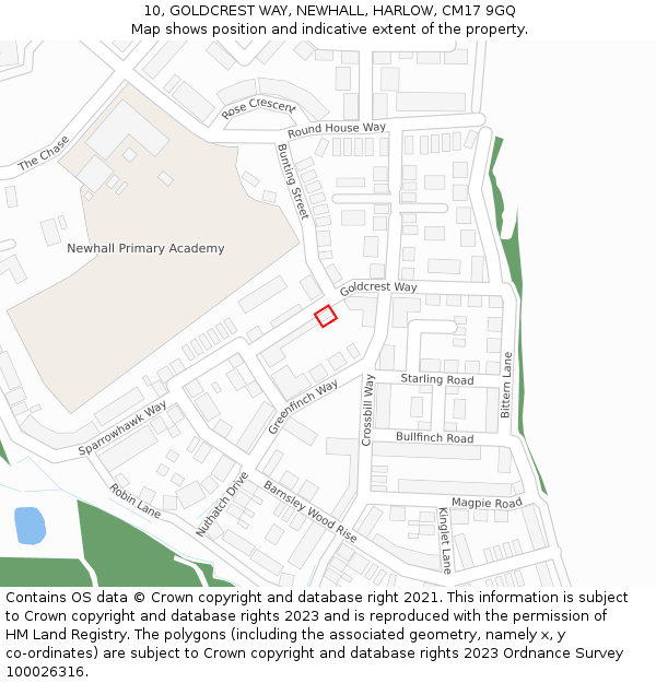 10, GOLDCREST WAY, NEWHALL, HARLOW, CM17 9GQ: Location map and indicative extent of plot