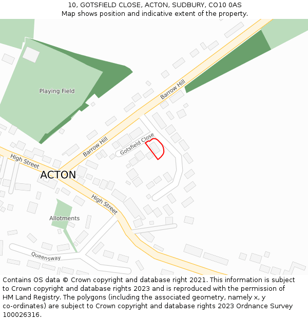 10, GOTSFIELD CLOSE, ACTON, SUDBURY, CO10 0AS: Location map and indicative extent of plot