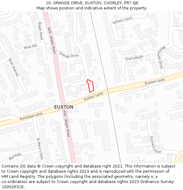 10, GRANGE DRIVE, EUXTON, CHORLEY, PR7 6JE: Location map and indicative extent of plot