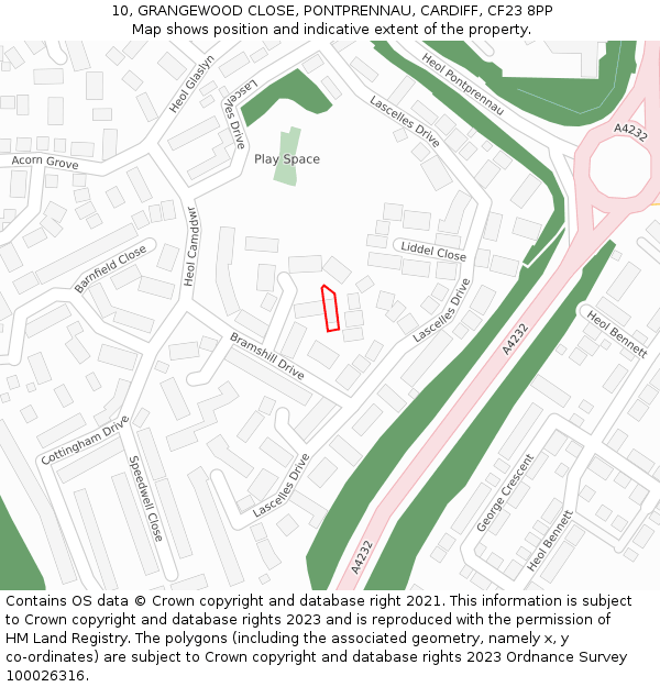 10, GRANGEWOOD CLOSE, PONTPRENNAU, CARDIFF, CF23 8PP: Location map and indicative extent of plot