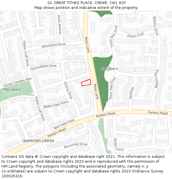 10, GREAT TITHES PLACE, CREWE, CW1 4GY: Location map and indicative extent of plot