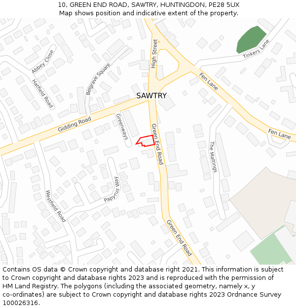 10, GREEN END ROAD, SAWTRY, HUNTINGDON, PE28 5UX: Location map and indicative extent of plot