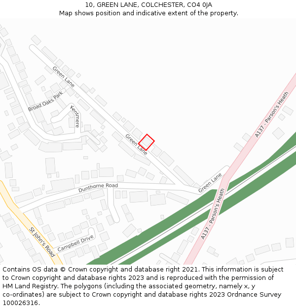 10, GREEN LANE, COLCHESTER, CO4 0JA: Location map and indicative extent of plot