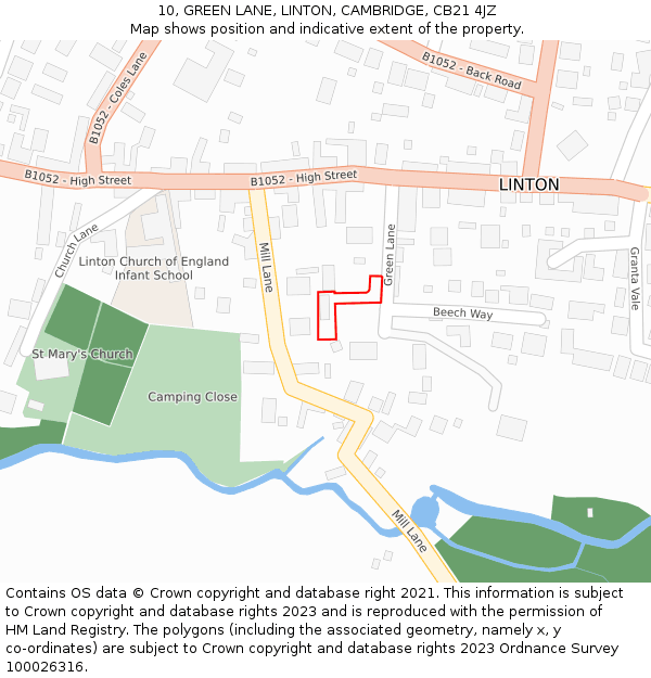 10, GREEN LANE, LINTON, CAMBRIDGE, CB21 4JZ: Location map and indicative extent of plot