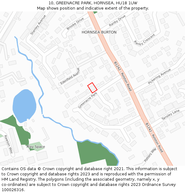 10, GREENACRE PARK, HORNSEA, HU18 1UW: Location map and indicative extent of plot