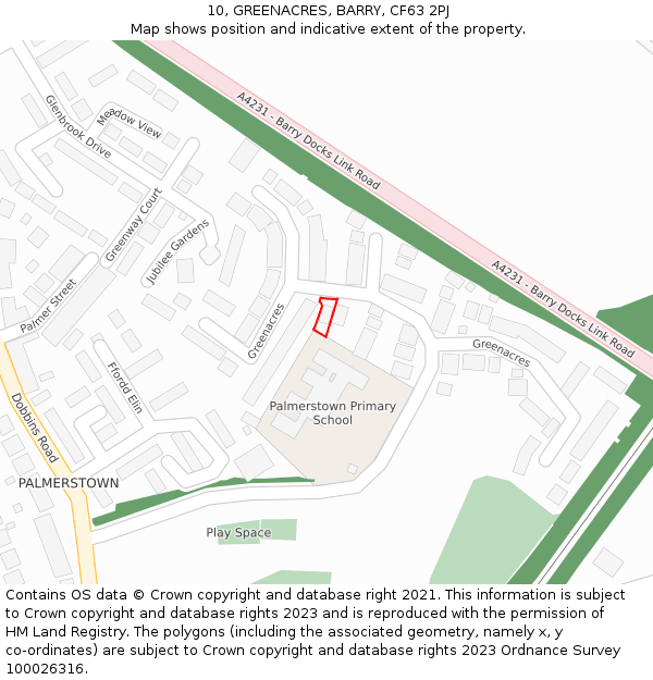 10, GREENACRES, BARRY, CF63 2PJ: Location map and indicative extent of plot