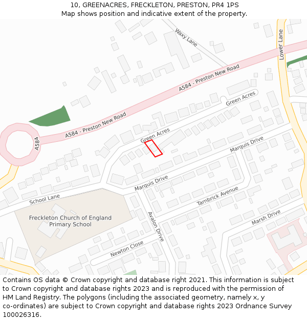 10, GREENACRES, FRECKLETON, PRESTON, PR4 1PS: Location map and indicative extent of plot