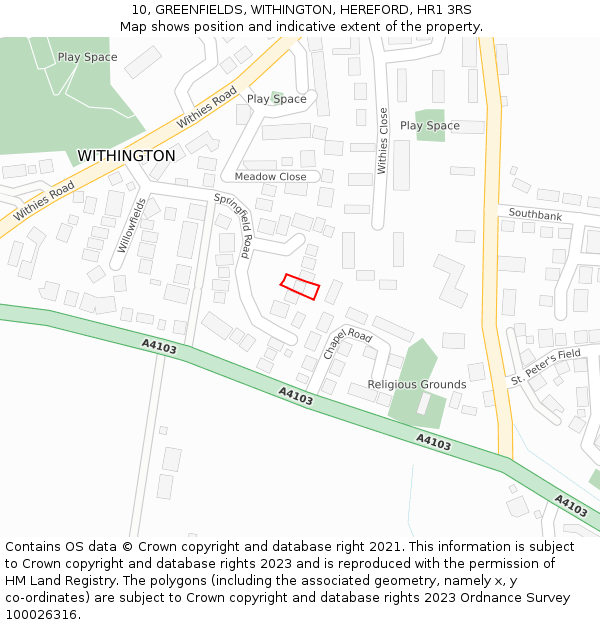10, GREENFIELDS, WITHINGTON, HEREFORD, HR1 3RS: Location map and indicative extent of plot