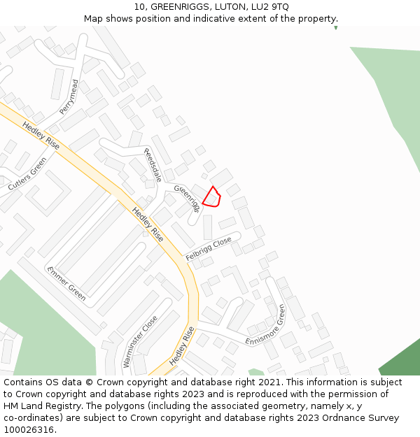 10, GREENRIGGS, LUTON, LU2 9TQ: Location map and indicative extent of plot