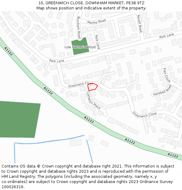 10, GREENWICH CLOSE, DOWNHAM MARKET, PE38 9TZ: Location map and indicative extent of plot