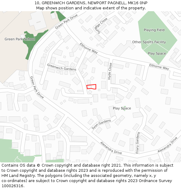 10, GREENWICH GARDENS, NEWPORT PAGNELL, MK16 0NP: Location map and indicative extent of plot