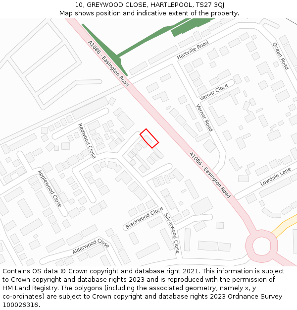 10, GREYWOOD CLOSE, HARTLEPOOL, TS27 3QJ: Location map and indicative extent of plot
