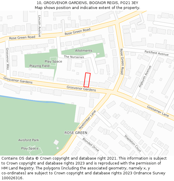 10, GROSVENOR GARDENS, BOGNOR REGIS, PO21 3EY: Location map and indicative extent of plot