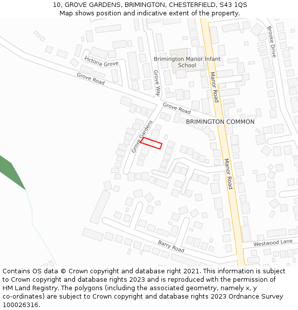 10, GROVE GARDENS, BRIMINGTON, CHESTERFIELD, S43 1QS: Location map and indicative extent of plot