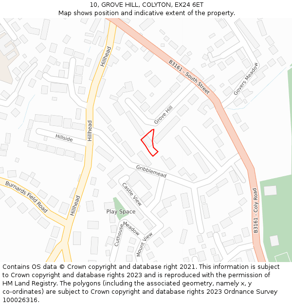 10, GROVE HILL, COLYTON, EX24 6ET: Location map and indicative extent of plot