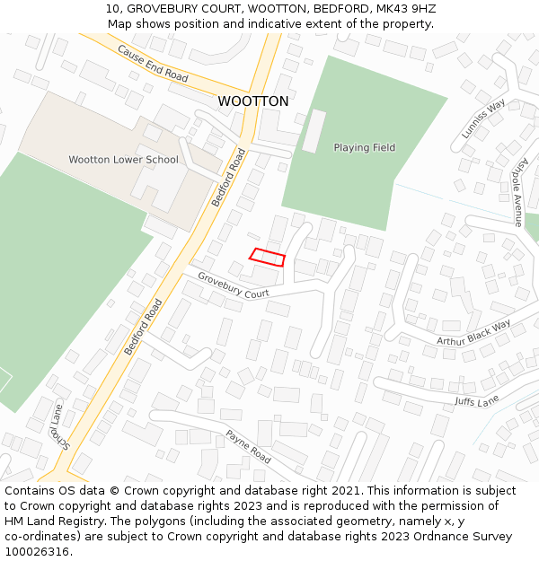 10, GROVEBURY COURT, WOOTTON, BEDFORD, MK43 9HZ: Location map and indicative extent of plot