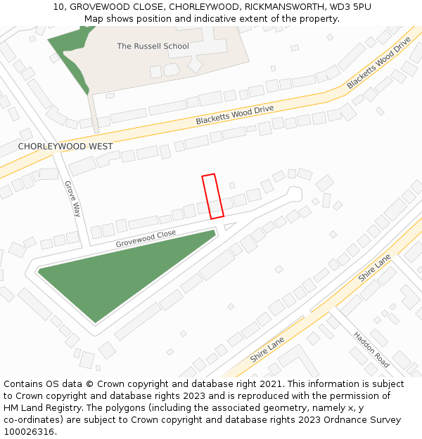 10, GROVEWOOD CLOSE, CHORLEYWOOD, RICKMANSWORTH, WD3 5PU: Location map and indicative extent of plot